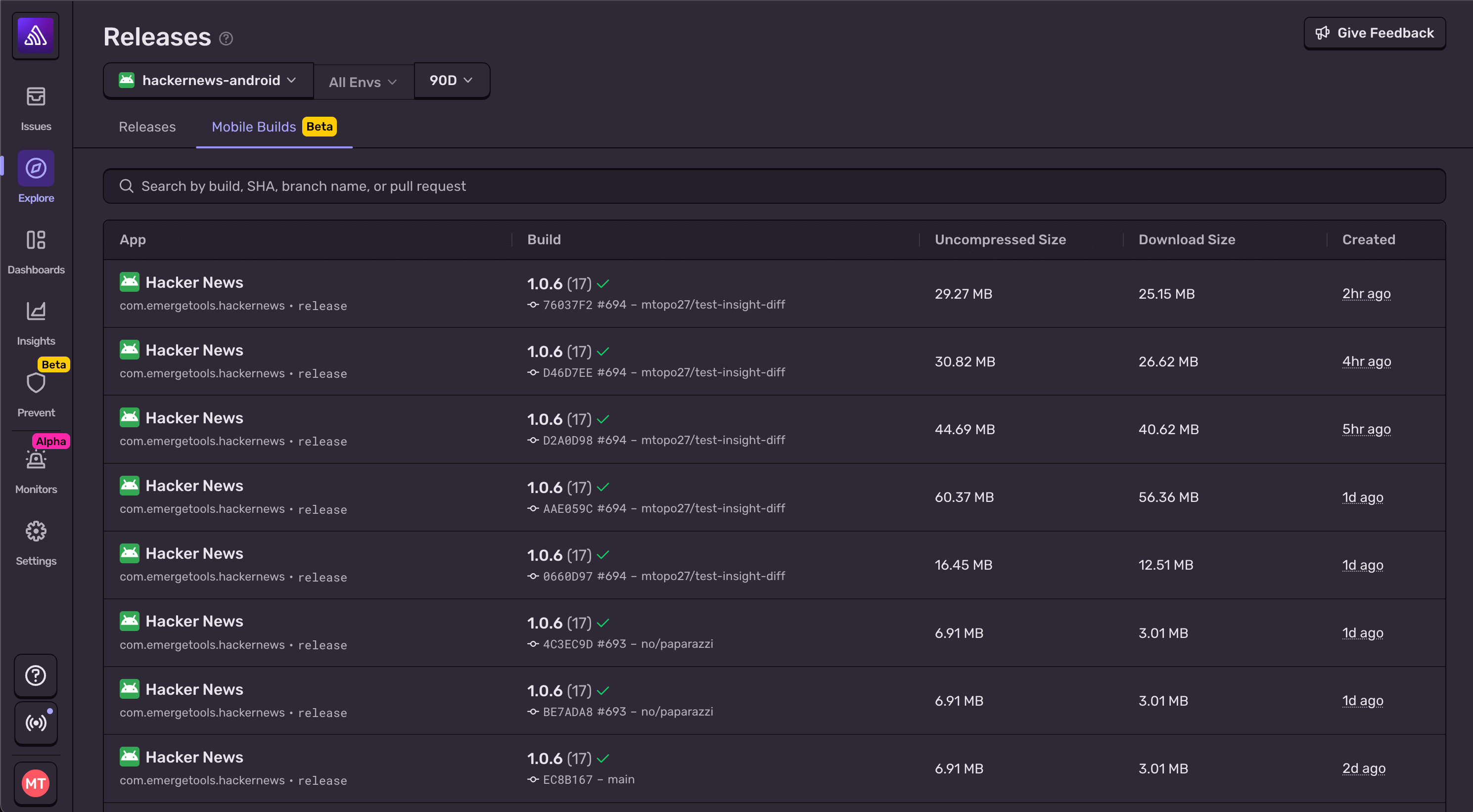 Mobile Builds tab screenshot